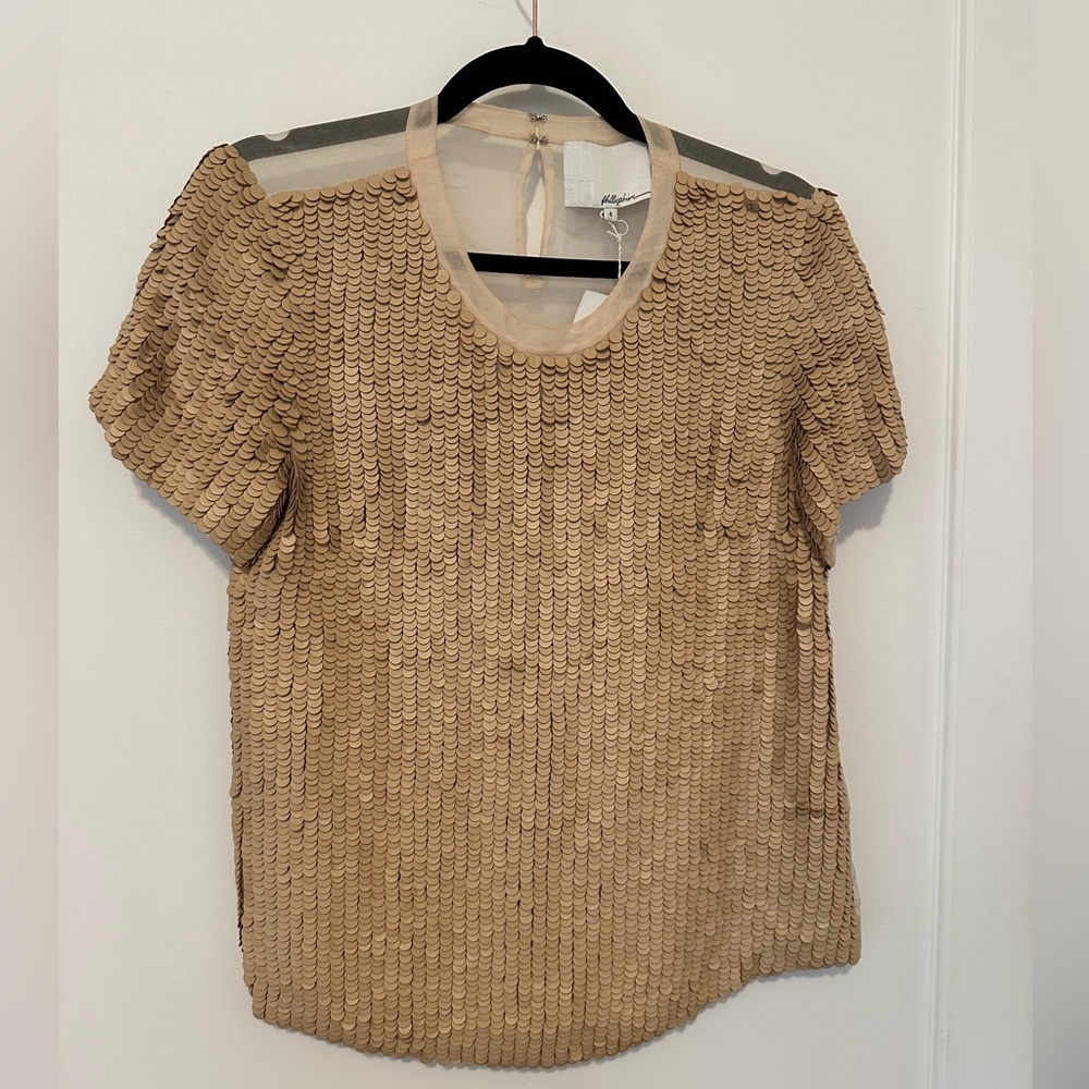 3.1 Phillip Lim beige leather sequin top with sheer silk back - size 4